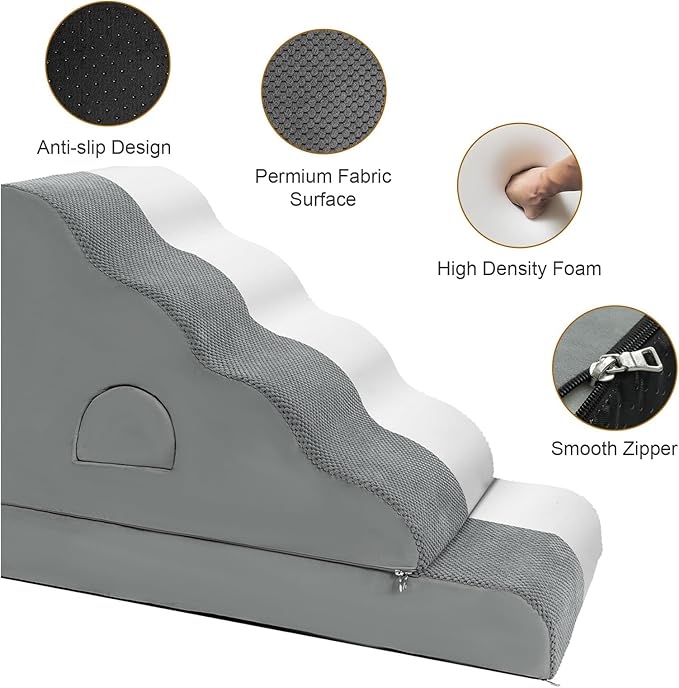 Dog Stairs for Small Dogs 24.6" H, 5-Step Dog Steps for High Bed, High-Density Foam Curved Pet Stairs with Non-Slip Removable Washable Cover to Get on Bed-PurrikoPets