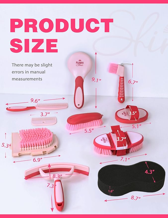 11PCS Horse Grooming Kit Curry Comb Sweat Scraper Horse Bathing Supplies Grooming Tools with Storage Bag Pink Garnet-PurrikoPets