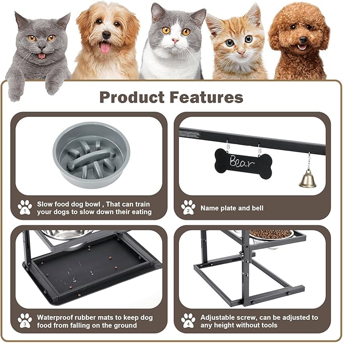 Elevated Slow Feeder Dog Bowls - Raised for Large Dogs, Adjustable Height, 2 Stainless Steel Bowls, Spill Proof Mat, Grey-PurrikoPets