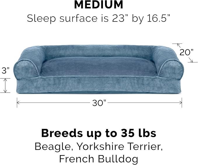 Furhaven Pillow Dog Bed for Medium/Small Dogs w/ Removable Bolsters & Washable Cover - Faux Fur & Velvet Sofa - Harbor Blue, Medium-PurrikoPets