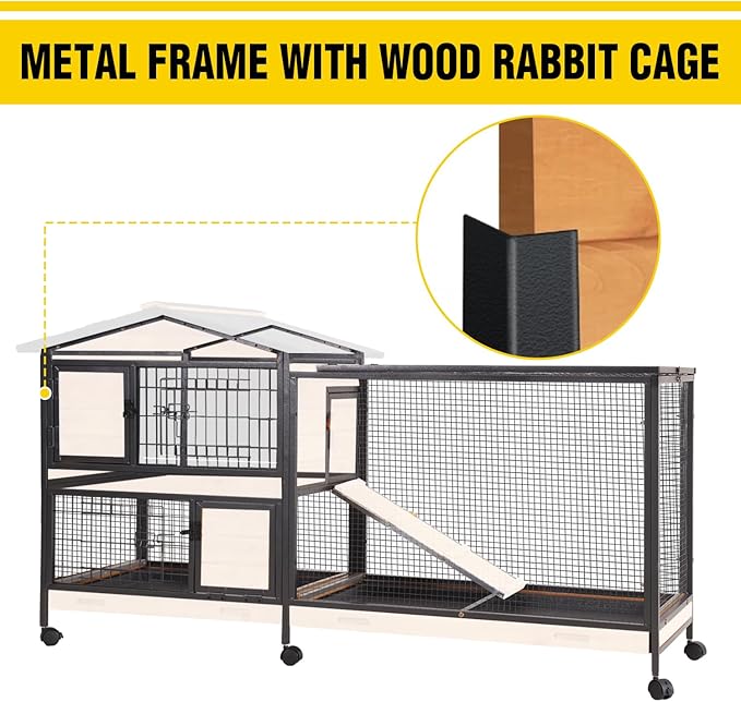 AIVITUVIN Rabbit Hutch Indoor with Metal Frame Rabbit Cage with Pull Out Tray No Leakage Bunny Cage with Wheel Guinea Pig Cage-PurrikoPets
