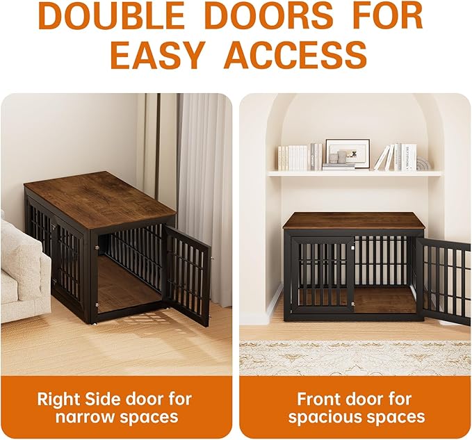 48" Heavy Duty Dog Crate Furniture for Small,Medium and Large Dogs,Rustic Wooden Dog Cage Kennel Indoor Furniture with Waterproof Top,Decorative Pet House Side End Table (Black & Wood)-PurrikoPets