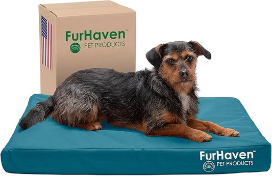 Furhaven Water-Resistant Cooling Gel Dog Bed for Medium/Small Dogs w/ Removable Washable Cover, For Dogs Up to 35 lbs - Indoor/Outdoor Logo Print Oxford Polycanvas Mattress - Deep Lagoon, Medium-PurrikoPets
