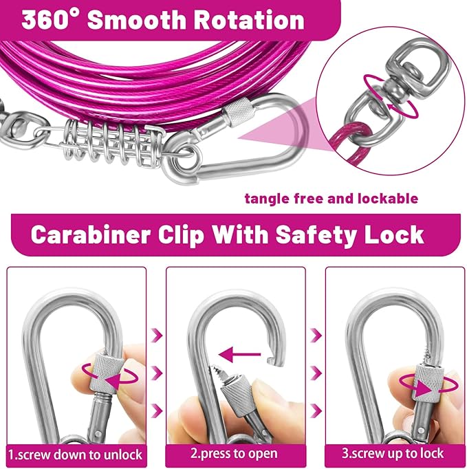 Dog Tie Out Cable 10/15/20/25/30FT Dog Run Cable Rosy Pink/Blue/Purple/Silver/Red/Green/YellowTie Out Cable for Large Dogs Heavy Duty for Outside Hold Large Dogs Up to 250LBS-PurrikoPets