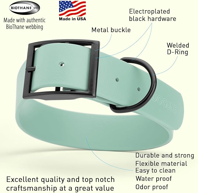 Dogline Biothane Waterproof Dog Collar Strong Coated Nylon Webbing with Black Hardware Odor- Proof for Easy Care Easy to Clean High Performance Fits Small Medium or Large Dogs, Sage Green-PurrikoPets