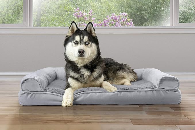 Furhaven Cooling Gel Dog Bed for Large Dogs w/ Removable Bolsters & Washable Cover, For Dogs Up to 95 lbs - Plush & Suede Sofa - Gray, Jumbo/XL-PurrikoPets