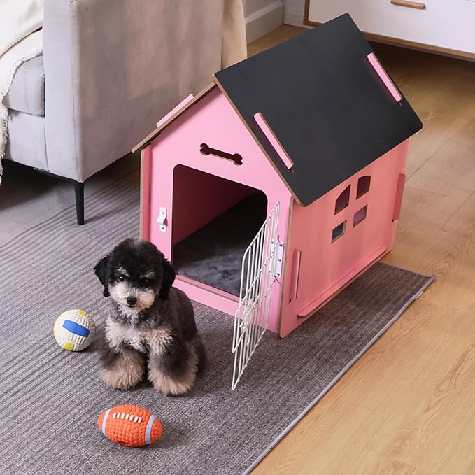 Dog House Indoor for Small Dogs or Cats, Cozy Wooden Design, Small Indoor Bed House, with Air Vents and Elevated Floor Warm Dog Cave (Large Pink)-PurrikoPets