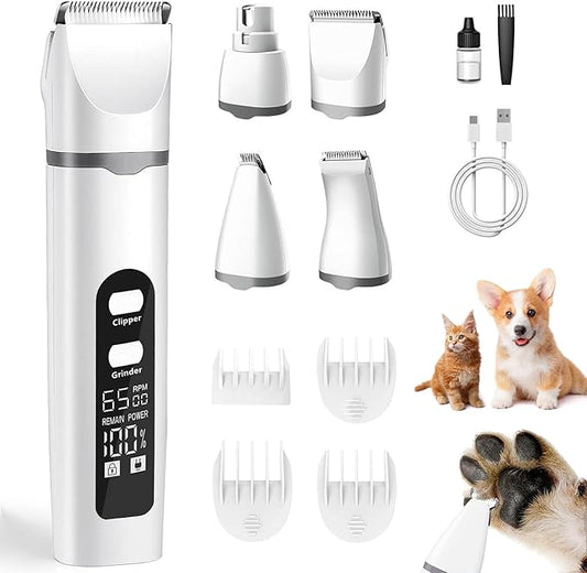 4 in 1 Dog Clippers Grooming Kit with LED Screen, Cordless Quiet Paw Trimmer & Nail Grinder, Rechargeable Waterproof Feet Ear Body Hair Shaver for Cats Dogs Pet Supplies-PurrikoPets