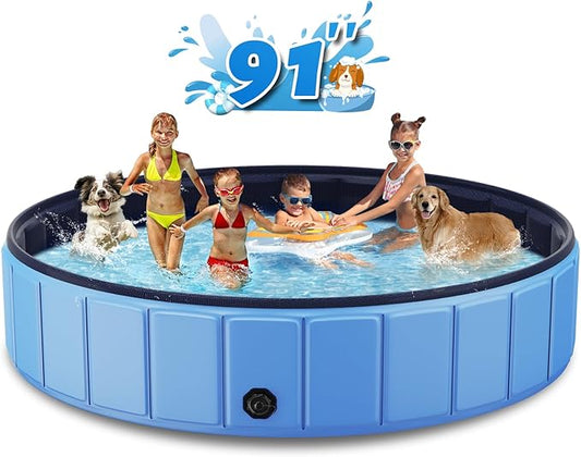 Foldable Dog Swimming Pool, Totiro 91"x16" Oversize Collapsable Hard Plastic Portable Bathing Tub for Pet Dog Kiddie Pool Indoor and Outdoor Leakproof PVC Play Pool for Large Dogs Pets Puppy Kids Blue-PurrikoPets