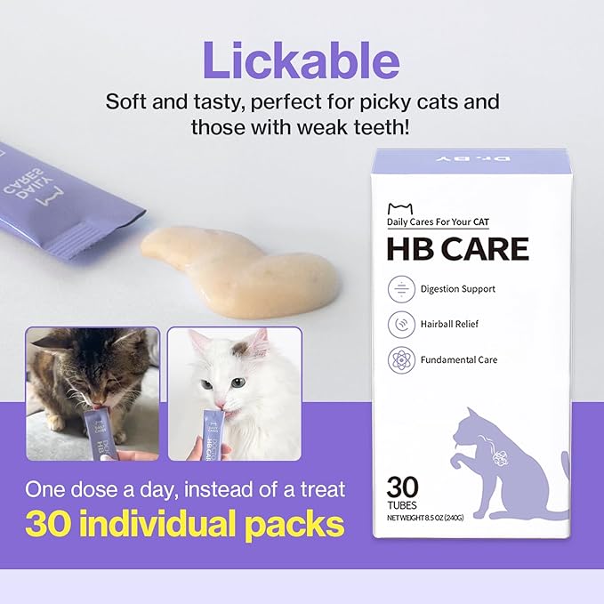 Dr.by HB Care Hairball Supplement for Cats– Hairball Relief Furball Control Remedy & Digestive Support Supplements with Omega-3, Chitosan-30 Individuallly Packaged (1 Pack, 30 Count)-PurrikoPets