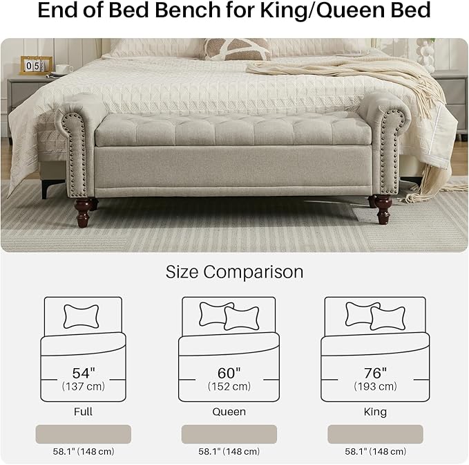 58.1'' Storage Bench Upholstered Linen End of Bedroom Bed Bench Ottoman with Tufted Cushioned Rolled Arm Large Storage Space for Reading Living Room Entryway, Light Brown-PurrikoPets
