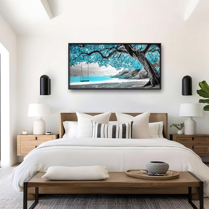 Extra Large Framed Abstract Tree Wall Art,Black and White Tree of Life Wall Decor,Blue Teal Sea Pictures for Living Room,Canvas Print Painting Modern Artwork Bedroom Office Bathroom 60L x 30W-PurrikoPets