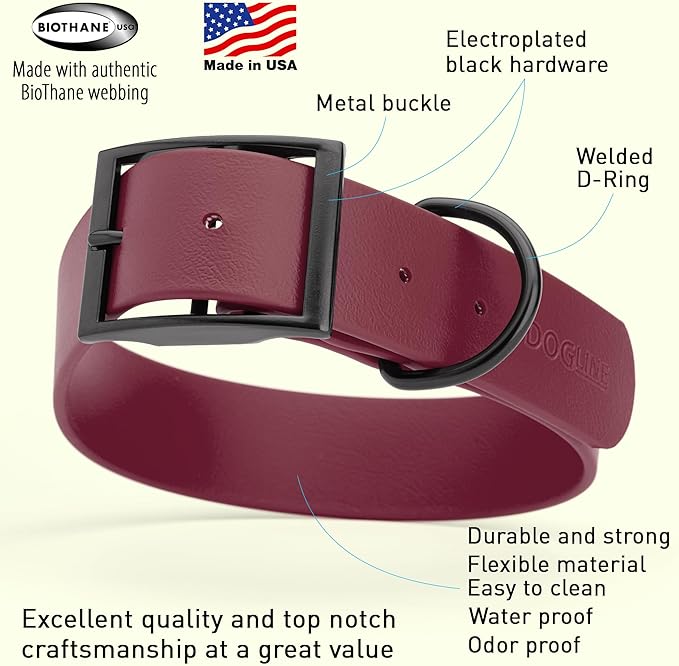 Dogline Biothane Waterproof Dog Collar Strong Coated Nylon Webbing with Black Hardware Odor- Proof for Easy Care Easy to Clean High Performance Fits Small Medium or Large Dogs, Merlot Burgundy-PurrikoPets