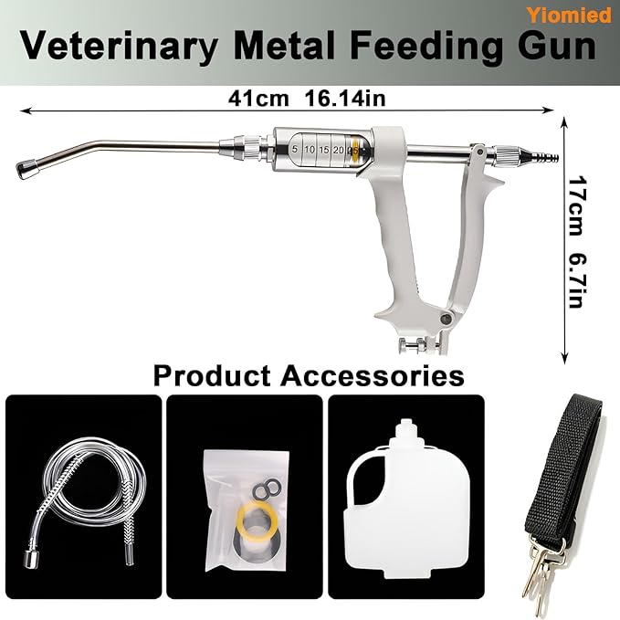 30ML Veterinary Metal Feeding Gun, Continuous Drench Gun Dosing Device Veterinary Adjustable Medicine Dispenser Husbandry Autonomous Feeding Tool, for Pig Cow, Sheep, Horse (White Color, 30ML+Kettle)-PurrikoPets