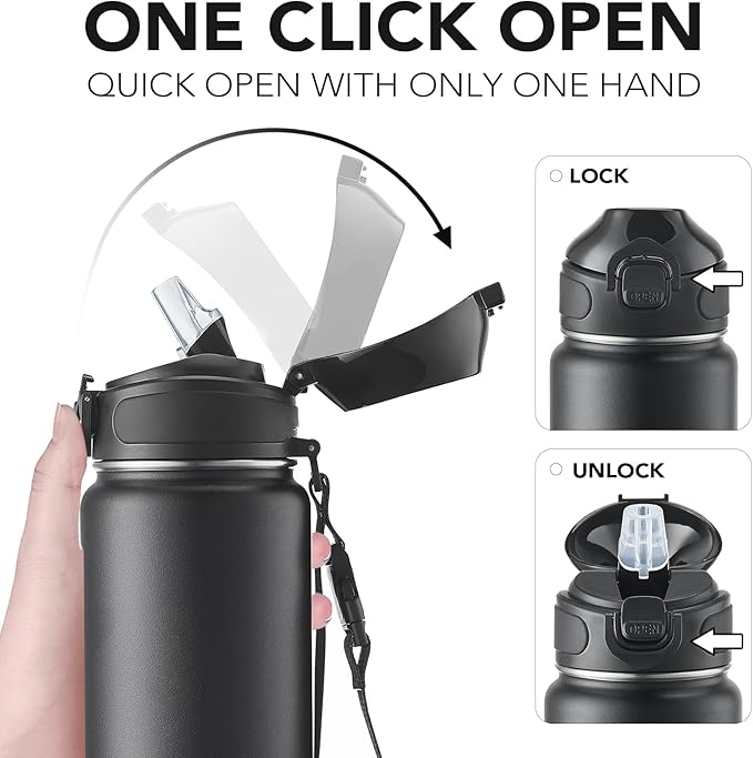 Enerbone 32 oz Insulated Water Bottle, Stainless Steel Bottle with Carrying Strap, Double-Wall Vacuum Insulation Design, Leakproof Sports Bottle with Straw, Keep Drinks Cold or Hot for Hours-PurrikoPets