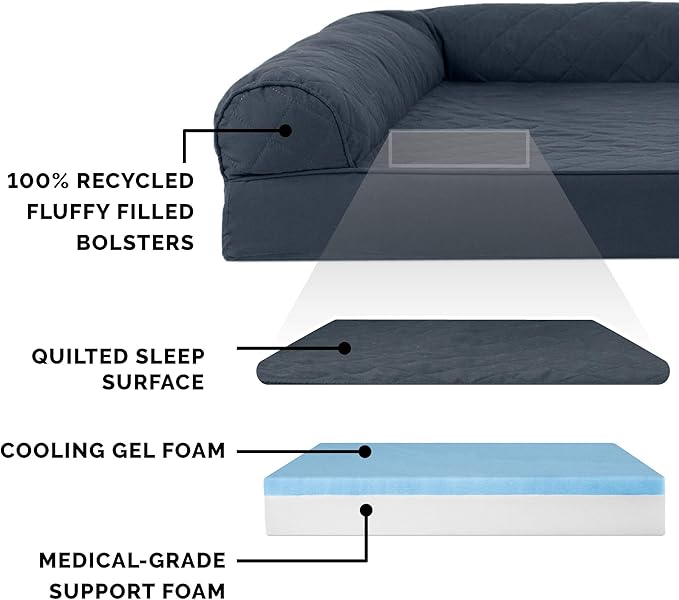 Furhaven Cooling Gel Dog Bed for Large Dogs w/ Removable Bolsters & Washable Cover, For Dogs Up to 125 lbs - Quilted Sofa - Iron Gray, Jumbo Plus/XXL-PurrikoPets