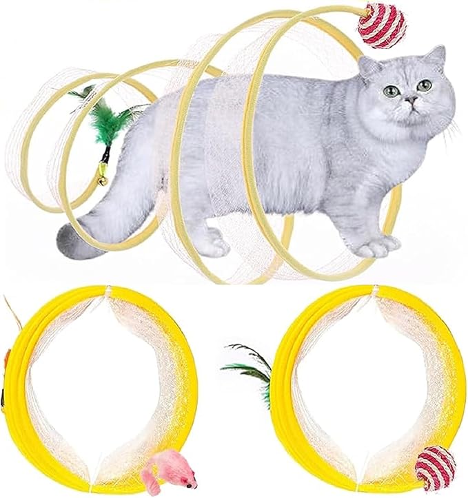 2Pcs Folded Cat Tunnel Toy for Indoor Cats,Collapsible Pet Spring Cat Toys with Feather Mouse Upgrade Interactive Toy Playing Tent for Puppy Kitten Accessories Home Self-Happy Cat Toys (Yellow)-PurrikoPets