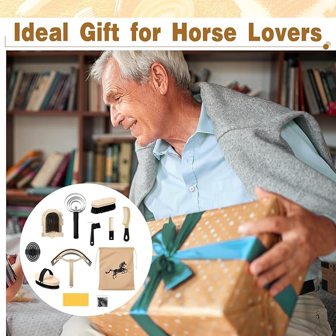 Abbylike 12 Pieces Horse Grooming Kit Racing Festival Tack Room Supplies Horse Brush Sets Equine Care Cleaning Kit Shedding Grooming Massaging Tools(Black)-PurrikoPets