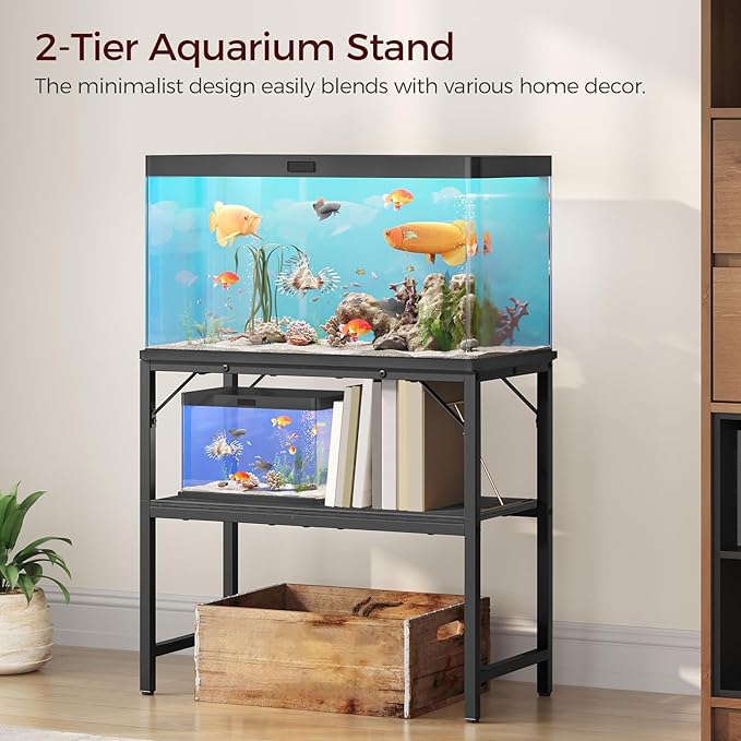 30 Gallon Fish Tank Stand, Aquarium Stand with 2-Tier Storage Shelves, Heavy Duty Breeder Turtle Terrarium Stand Rack for Home Office, 30.0" L x 11.8" W x 24.4" H, Black FTBK3001-PurrikoPets
