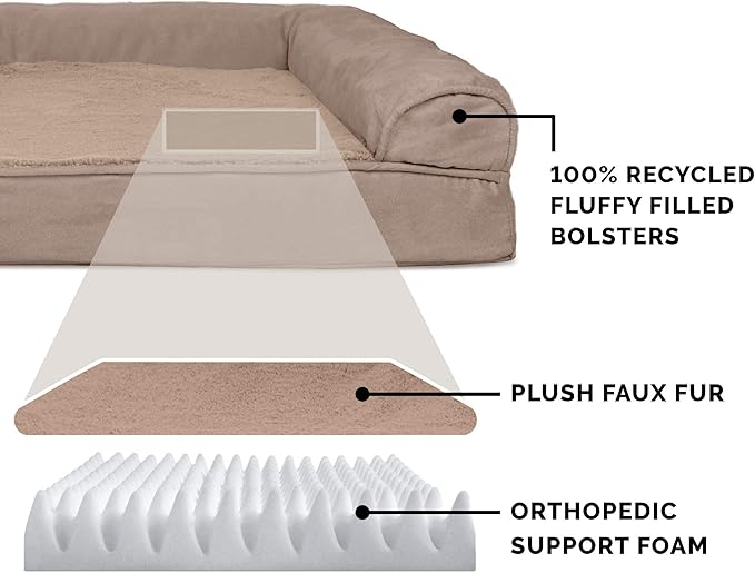 Furhaven Orthopedic Dog Bed for Large/Medium Dogs w/ Removable Bolsters & Washable Cover, For Dogs Up to 55 lbs - Plush & Suede Sofa - Almondine, Large-PurrikoPets