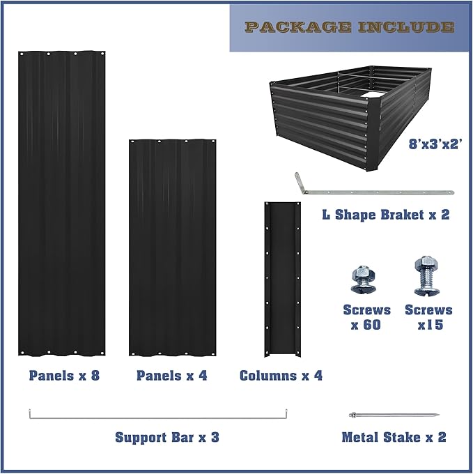 8x3x2FT Metal Raised Garden Bed Kit, Galvanized Outdoor Garden Bed Planter Box for Vegetables, Flowers, Herbs, Succulents and More, Black-PurrikoPets