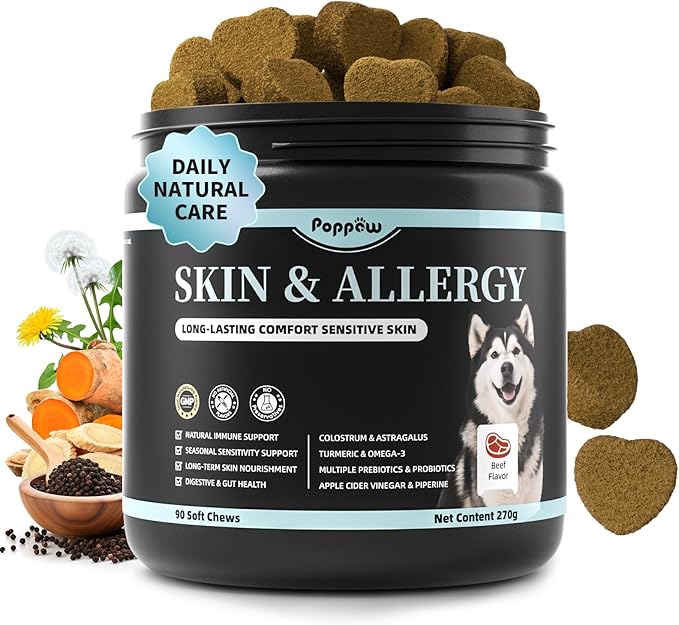 Dog Skin & Allergy Chews - Dog Probiotics for Sensitive Skin Health Support - Allergy Relief - Support Seasonal Allergies, Immune & Gut & Digestive Health Supplement - Beef Flavor - 90 Count-PurrikoPets