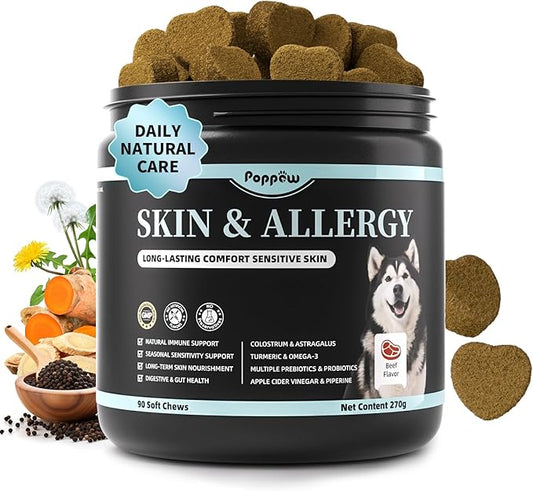 Dog Skin & Allergy Chews - Dog Probiotics for Sensitive Skin Health Support - Allergy Relief - Support Seasonal Allergies, Immune & Gut & Digestive Health Supplement - Beef Flavor - 90 Count-PurrikoPets