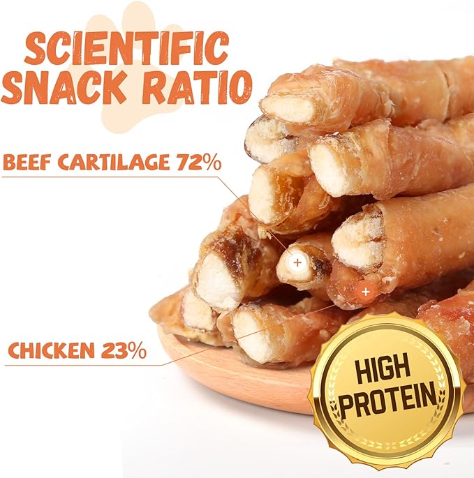 Dog Treats Chicken Wrapped Beef Cartilage w/Calcium Supplement, Long-Lasting Rawhide Free Grain Free Training Treats Snacks for Small Medium Large Dogs, 12 Counts, 10.6oz-PurrikoPets