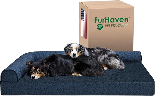 Furhaven Cooling Gel Dog Bed for Large Dogs w/ Removable Bolsters & Washable Cover, For Dogs Up to 125 lbs - Plush & Almond Print L Shaped Chaise - Blue Almonds, Jumbo Plus/XXL-PurrikoPets
