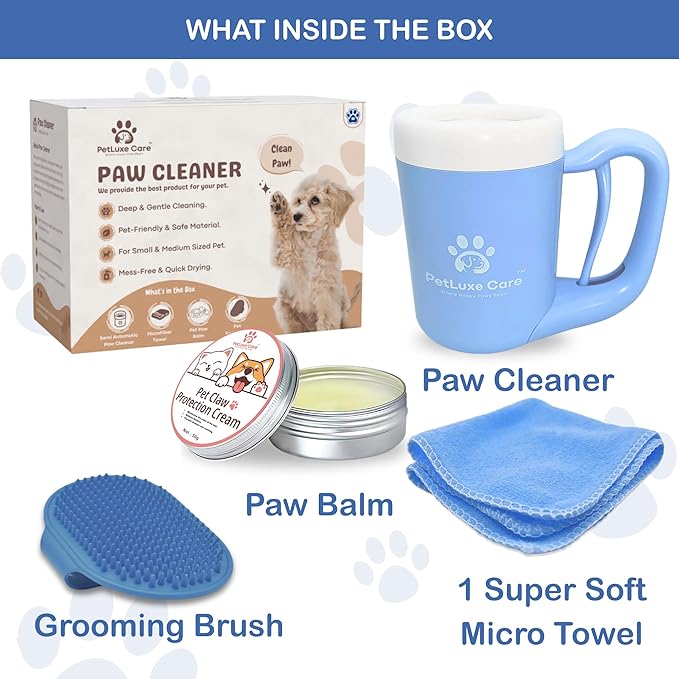 Dog Paw Cleaner for Small & Medium Dogs – Portable Paw Washer Cup with Soft Silicone Brush, Towel & Moisturizing Balm – Gently Cleans Muddy Paws After Walks (Blue, Medium)-PurrikoPets