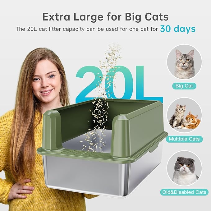 Enclosed Stainless Steel Cat Litter Box with Lid, XL Extra Large Litter Box for Big Cats, Metal Litter Pan High Sided, Never Absorbs Odors, Anti-Urine Leakage, Include Scoop (Green)-PurrikoPets