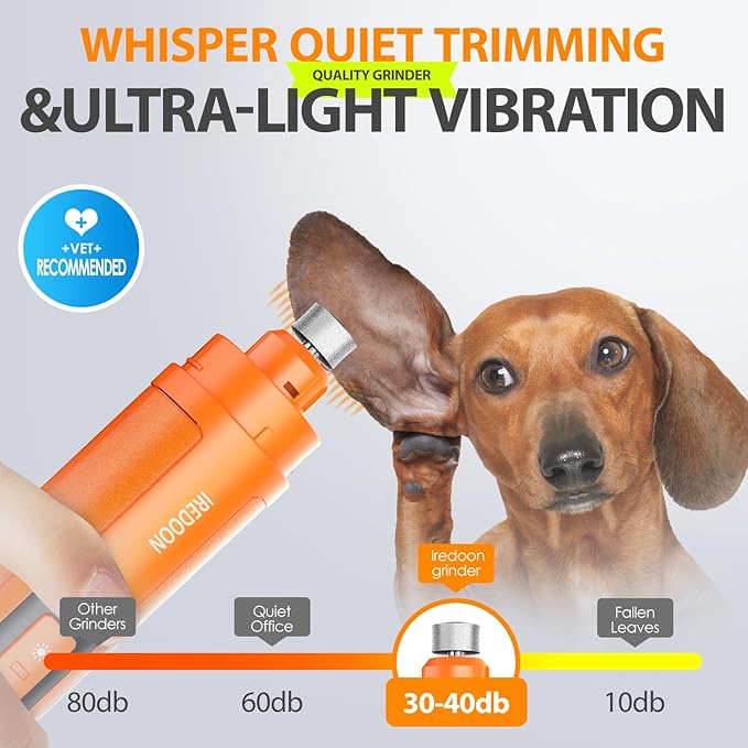 Dog Nail Grinder Upgraded - Professional 3-Speed Super Quiet and Low Vibration Electric Pet Nail Grinder with 4 LED Lights - Painless Paws Grooming & Smoothing for Small to Large Dogs (Orange)-PurrikoPets