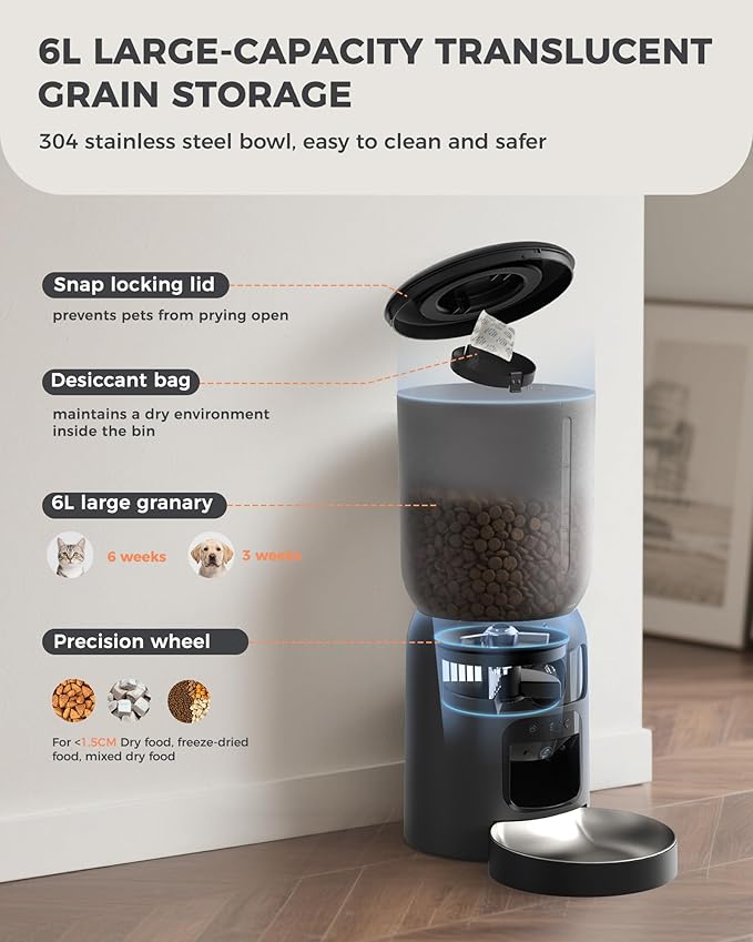 AI Cat Feeder with Dual Cameras (1 Adjustable), 2K HD Night Vision, 5G/2.4G WiFi, 6L Automatic Pet Feeder with APP Control, Laser Interactive Toy, Two-Way Audio & Scheduled Feeding-PurrikoPets