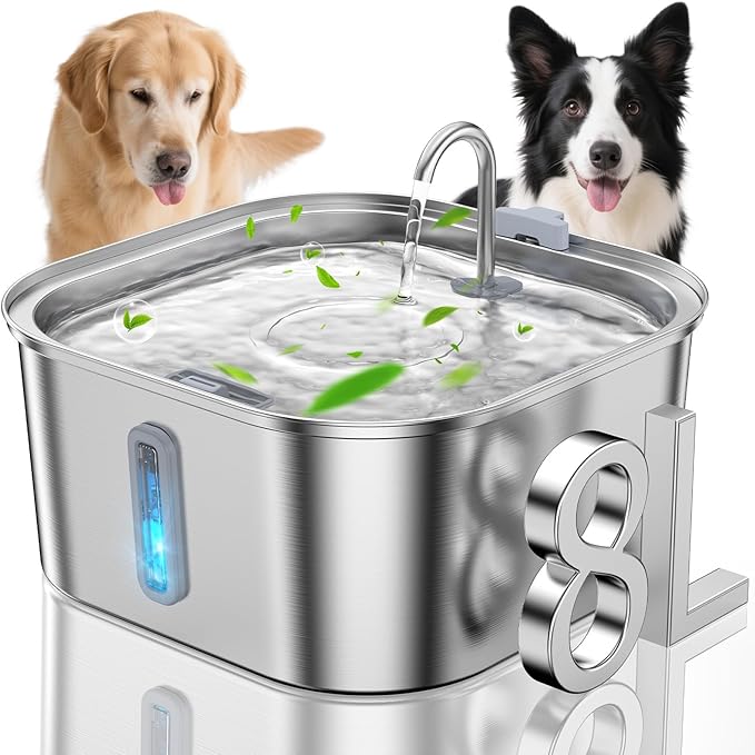 Dog Water Fountain for Large Dogs, 8L/2.1Gal Stainless Steel Pet Water Fountain with Water Level Window, Automatic Dog Water Bowl Dispenser for S-L Dogs and Multi-Pets-PurrikoPets