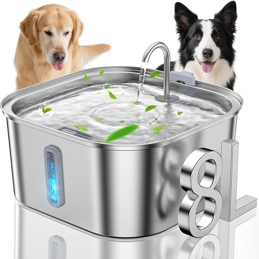 Dog Water Fountain for Large Dogs, 8L/2.1Gal Stainless Steel Pet Water Fountain with Water Level Window, Automatic Dog Water Bowl Dispenser for S-L Dogs and Multi-Pets-PurrikoPets