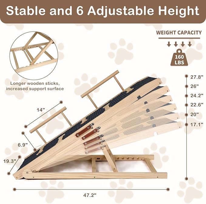Dog Ramp for Bed Couch Extra Wide Folding Pet Ramps for Large Dogs to Get on Bed, Portable Doggie Steps 6 Adjustable Height 27.3”, 47.3" Long-PurrikoPets