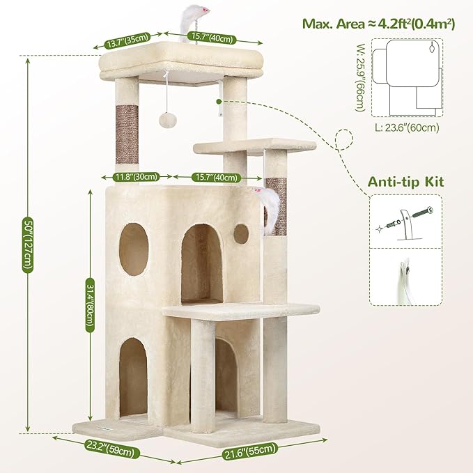 Globlazer Cat Tree Tower for Indoor Cats, 50-inch Adult Cat Tree House for Large Adult Cats with Steps, Scratching Post, 2 Cat Caves, Dangling Toys, FC50, Beige-PurrikoPets