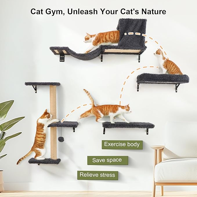 FUKUMARU Cat Wall Shelves, Stable & Safe 4 in 1 Cat Furniture Set, Wooden Climbing Wall with Scratching Post for 16 Inch Drywall - Gray-PurrikoPets