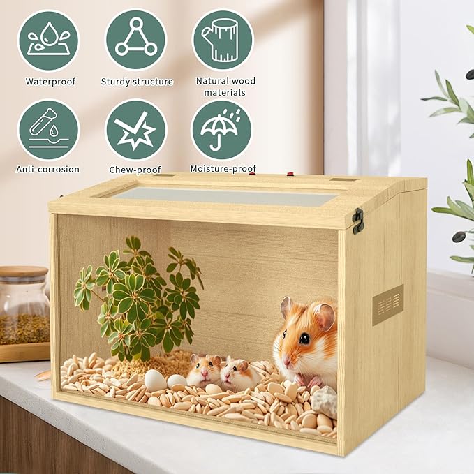 24" Hamster Cage, Top Opening Lockable Roof Door Gerbil Cage, Dwarf Hamster Cage with Hygrometer, Mice and Small Animal Habitat, Chewproof Syrian Hamster Enclosure, (Wooden, 24" L x 16" W x 16" H)-PurrikoPets