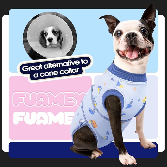 FUAMEY Recovery Suit for Dogs After Surgery,Soft Breathable Dog Bodysuit E-Collar & Cone Alternative Surgical Suit,Male Female Dog Neuter Spay Suits Anti Licking Wounds Onesie Blue Boat S-PurrikoPets