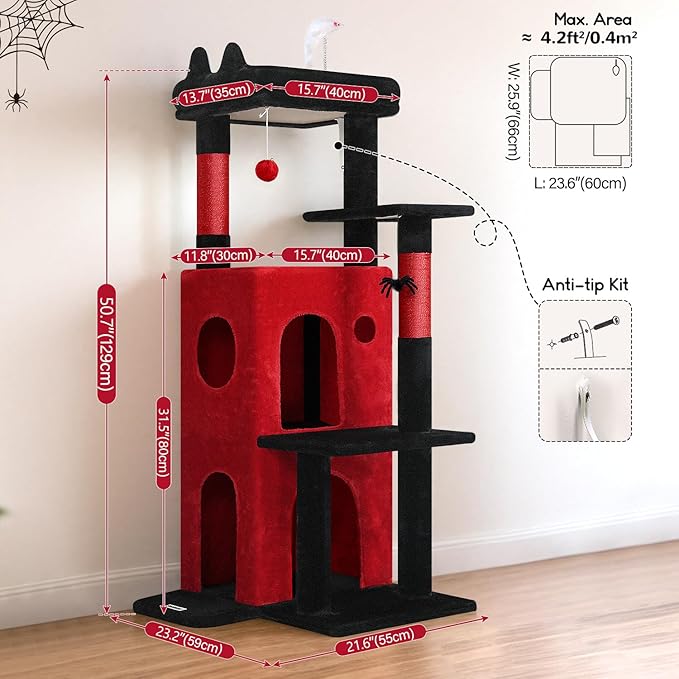 Globlazer Gothic Cat Tree Tower for Indoor Cats, 50-inch Goth Adult Cat Tree House for Large Adult Cats with Steps, Scratching Post, 2 Cat Caves, Dangling Toys, FC50, Blood-Goth-PurrikoPets