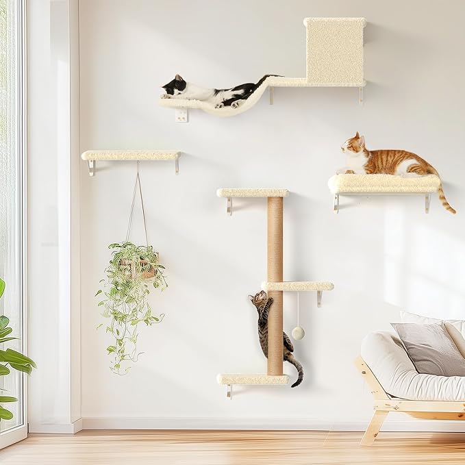 FUKUMARU Cat Wall Shelves, Stable & Safe 4 in 1 Large Cat Walls Furniture Set, Wooden Kitten Climbing Wall with Scratching Post for 16 Inch Drywall - Beige-PurrikoPets