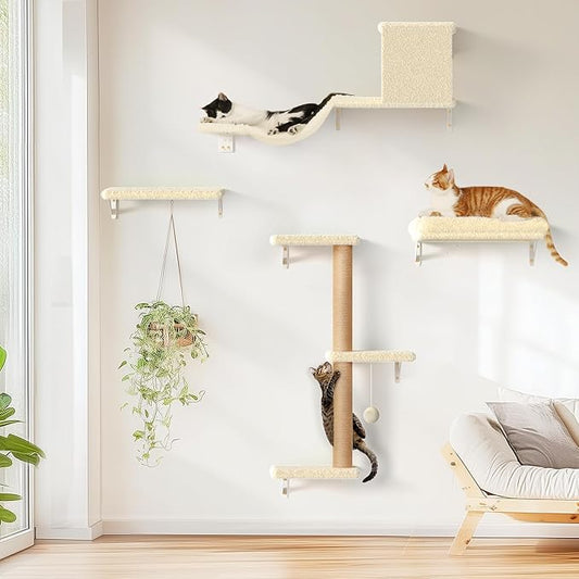 FUKUMARU Cat Wall Shelves, Stable & Safe 4 in 1 Large Cat Walls Furniture Set, Wooden Kitten Climbing Wall with Scratching Post for 16 Inch Drywall - Beige-PurrikoPets