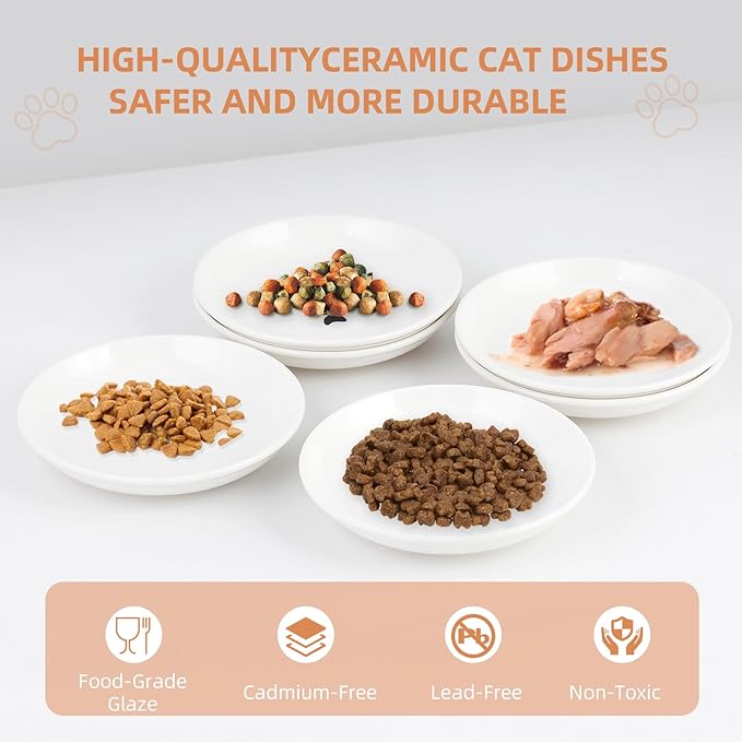 6 Pack Cat Food Bowl, Ceramic Cat Bowls, Anti Whisker Fatigue Cats Bowl Set,5.5 Inches Shallow Wide Kitten Plates for Food and Water (Cat's Paw Style)-PurrikoPets