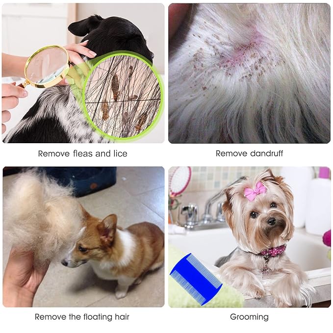 Flea Comb Lice Comb Cat & Dog Pet Grooming Combs Tear Stain Remover Remove Mucus Crust 2-in-1 Metal Round Smooth Teeth Comb Remove Floating Hair Tangles Dander (blue)-PurrikoPets