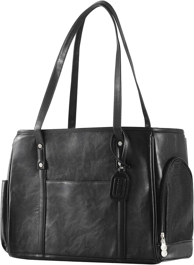 Fashion Dog Carrier Purse, Premium Leather Cat Carrier Bag, Airline Approved Soft Sided Pet Travel Tote Bag with Pockets Black-PurrikoPets