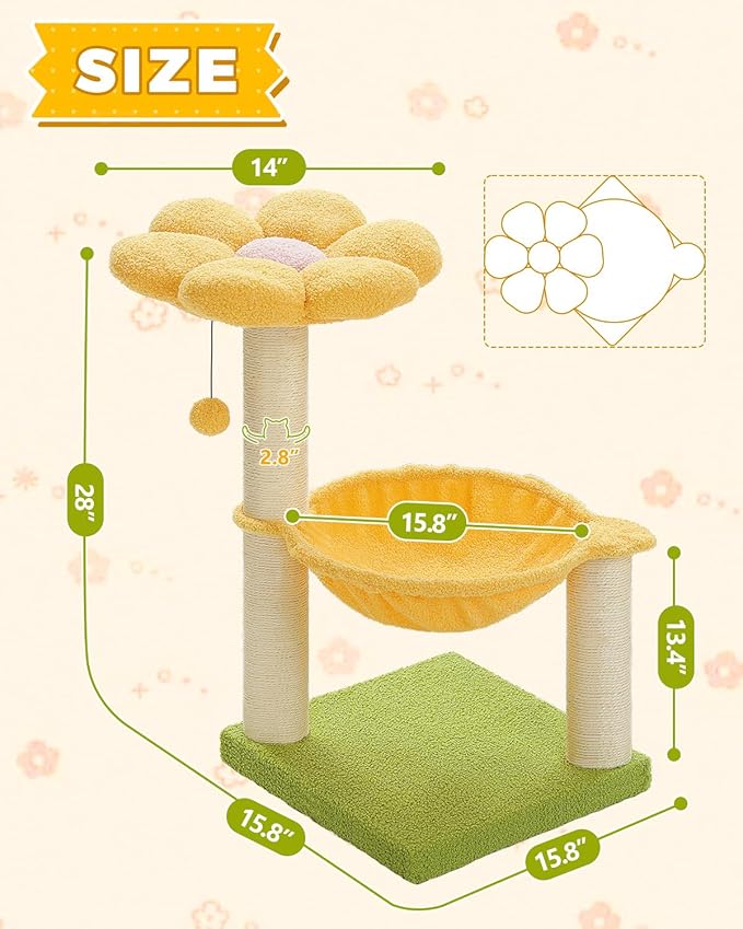28" Flower Cat Tree Cute with Flower Top Perch, Large Hammock for Indoor Small Cats, Small Cat Tower with Cute Scratching Post and Fur Toy Ball for Kittens, Yellow-PurrikoPets