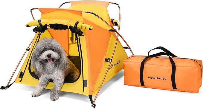 Dog Tent and Portable Playpen Outdoor Waterproof, with Aluminum Poles and Camping Mat, Pet Tent with Zippered Mesh Door, Dog House Outdoor, for Camping, Travel, Backyard, Patio (Yellow, Small)-PurrikoPets