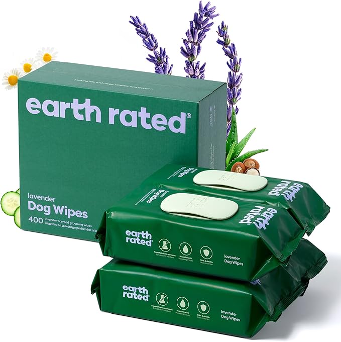 Earth Rated Dog Wipes, Hypoallergenic, Cleaning and Hydrating, for Grooming Paws, Body and Butt, Lavender Scented, 400 Count-PurrikoPets