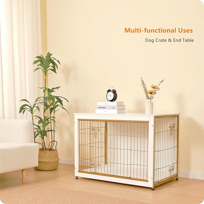 DWANTON Dog Crate Furniture with Cushion, Wooden Kennel Table with Double Doors, Indoor Dog House, Large Size, 38.5" L, White-PurrikoPets